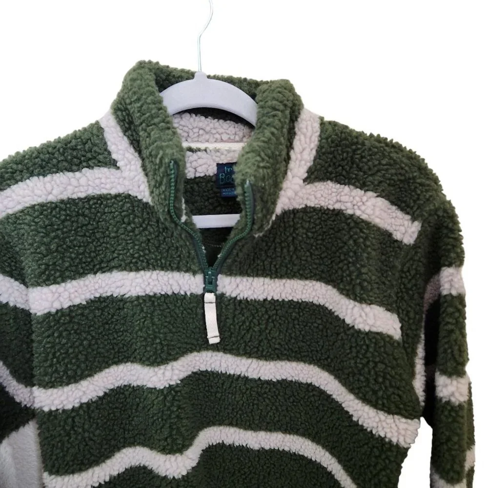 Mini Boden Boy’s Size 11 12 Green & Black Striped Sherpa Pullover‎ Jacket
